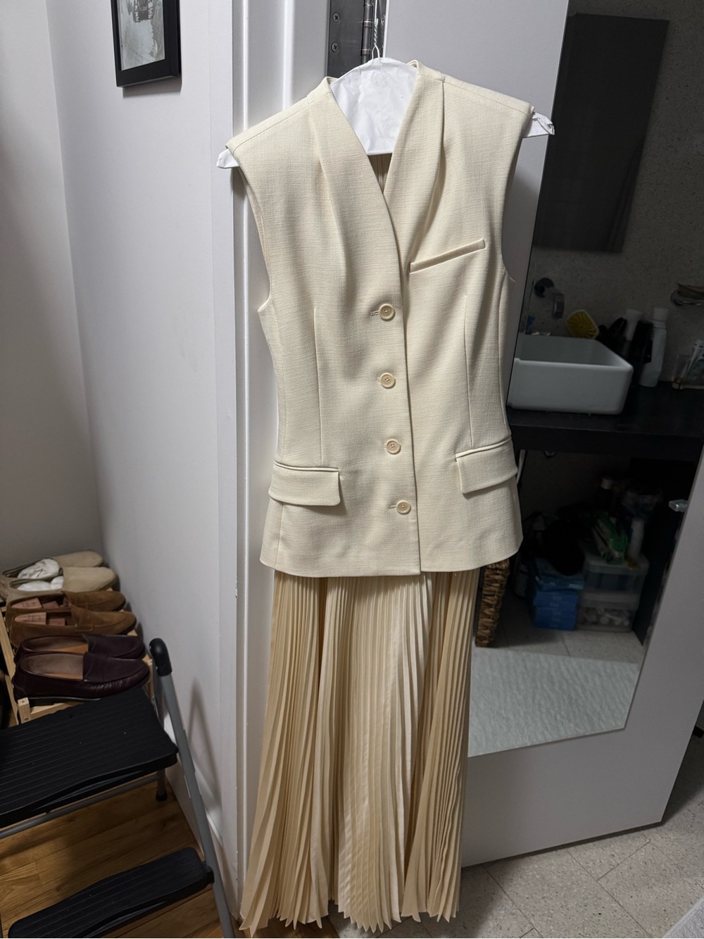 Cream Sleeveless Blazer Maxi Dress with Pleated Skirt